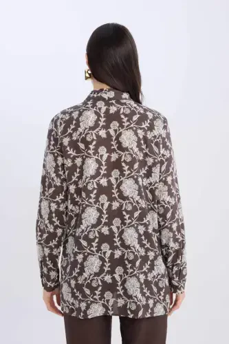 Loose Fit Patterned Long Sleeve Shirt Tunic-Coffee - 5