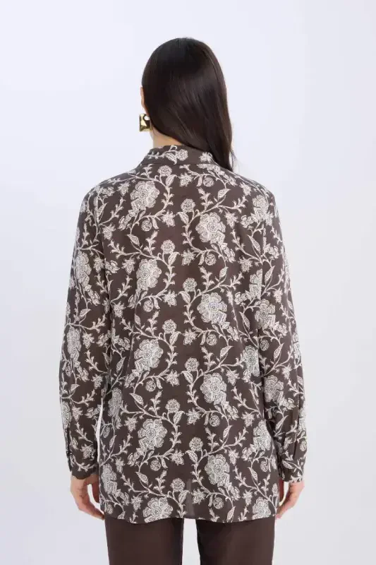 Loose Fit Patterned Long Sleeve Shirt Tunic-Coffee - 5