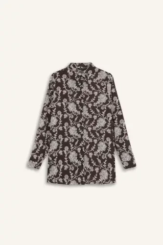 Loose Fit Patterned Long Sleeve Shirt Tunic-Coffee - 6