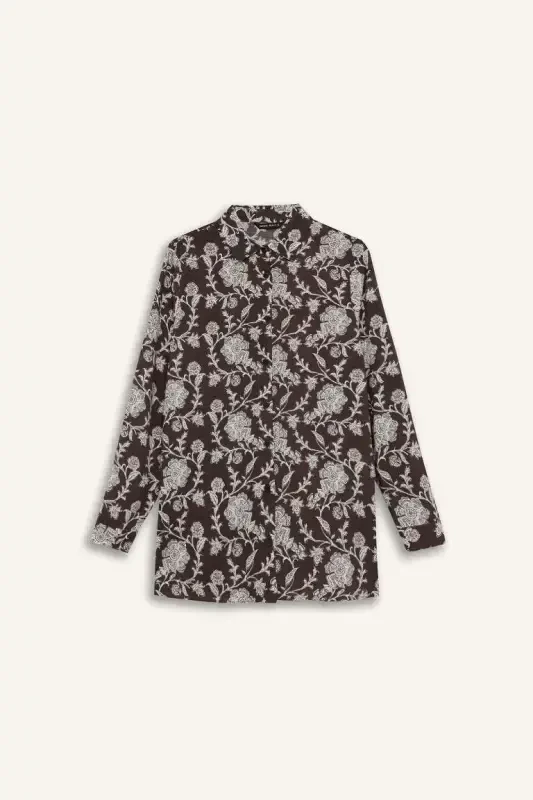 Loose Fit Patterned Long Sleeve Shirt Tunic-Coffee - 6