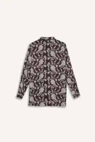 Loose Fit Patterned Long Sleeve Shirt Tunic-Coffee - 8