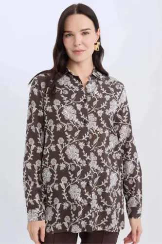 Loose Fit Patterned Long Sleeve Shirt Tunic-Coffee - 1