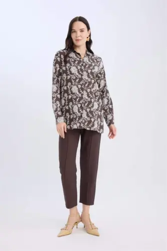 Loose Fit Patterned Long Sleeve Shirt Tunic-Coffee - DEFACTO (1)