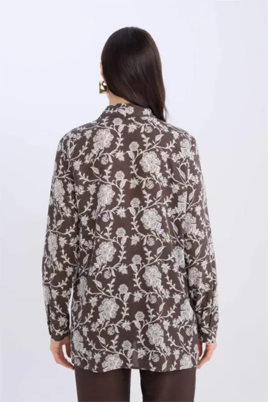 Loose Fit Patterned Long Sleeve Shirt Tunic-Coffee - 5