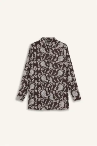 Loose Fit Patterned Long Sleeve Shirt Tunic-Coffee - 6