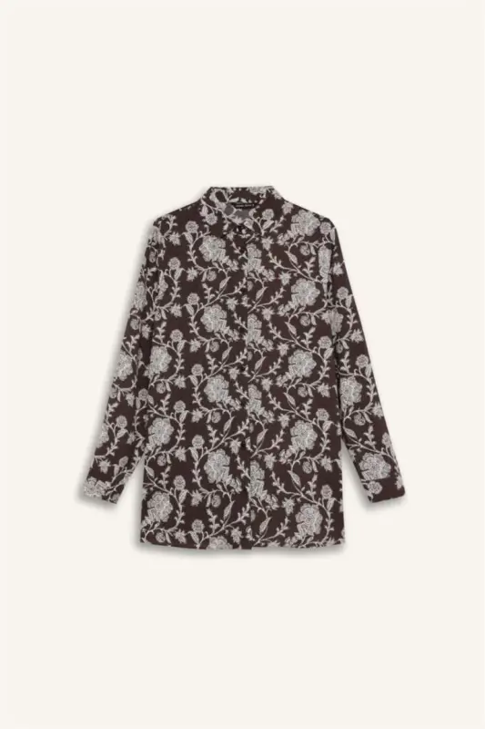 Loose Fit Patterned Long Sleeve Shirt Tunic-Coffee - 6