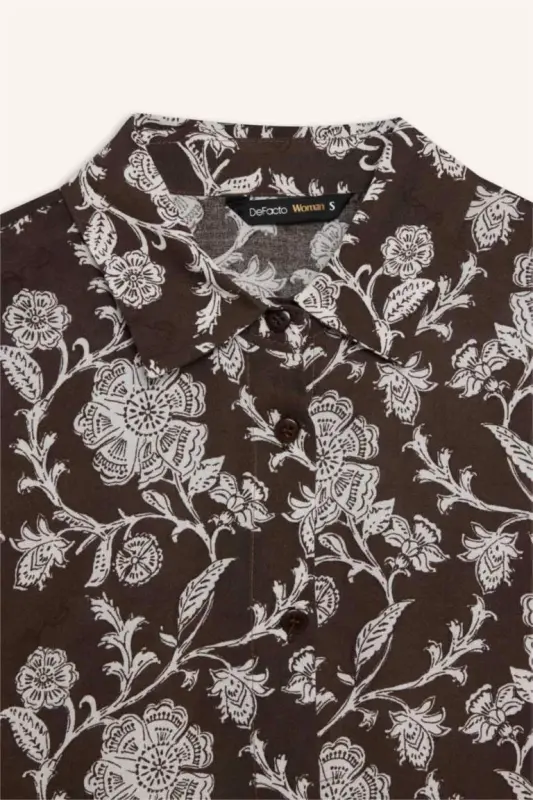 Loose Fit Patterned Long Sleeve Shirt Tunic-Coffee - 7