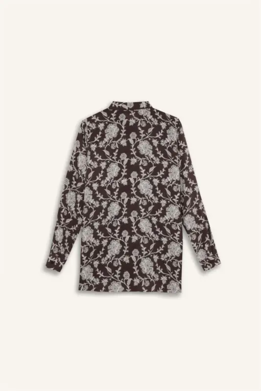 Loose Fit Patterned Long Sleeve Shirt Tunic-Coffee - 8