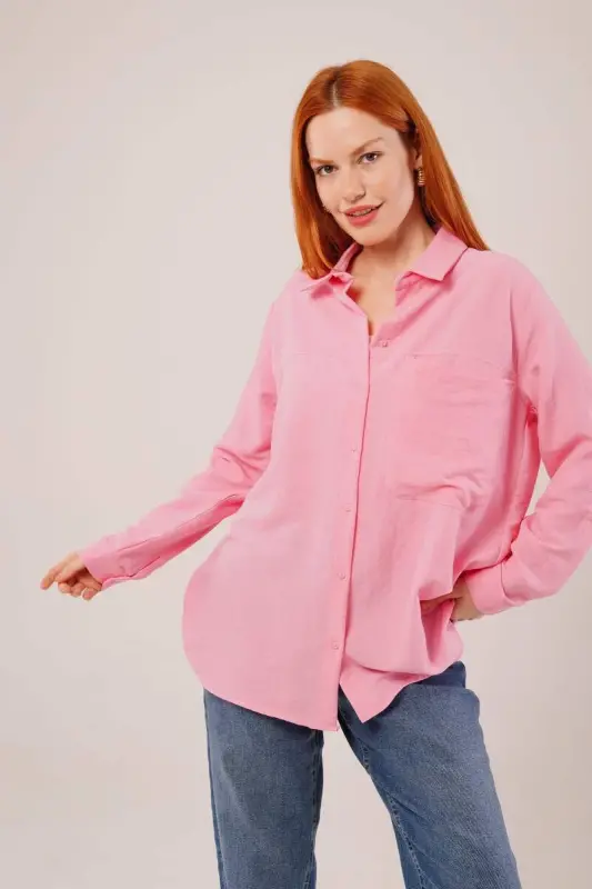 Loose Fit Pocketed Pink Shirt - BÜYÜKBEDENIZ