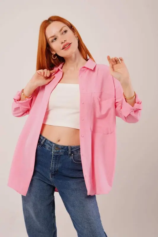 Loose Fit Pocketed Pink Shirt - 4