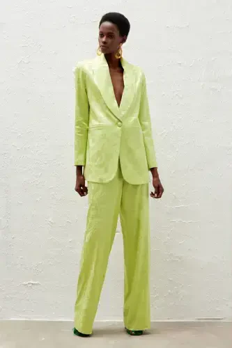 Loose Fit Satin Patterned Trousers - Olive Green - 1