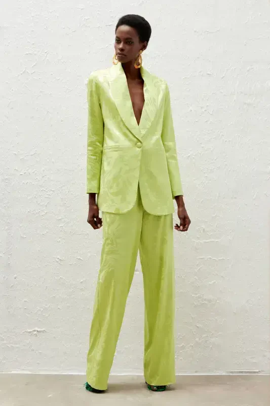 Loose Fit Satin Patterned Trousers - Olive Green - SATEEN