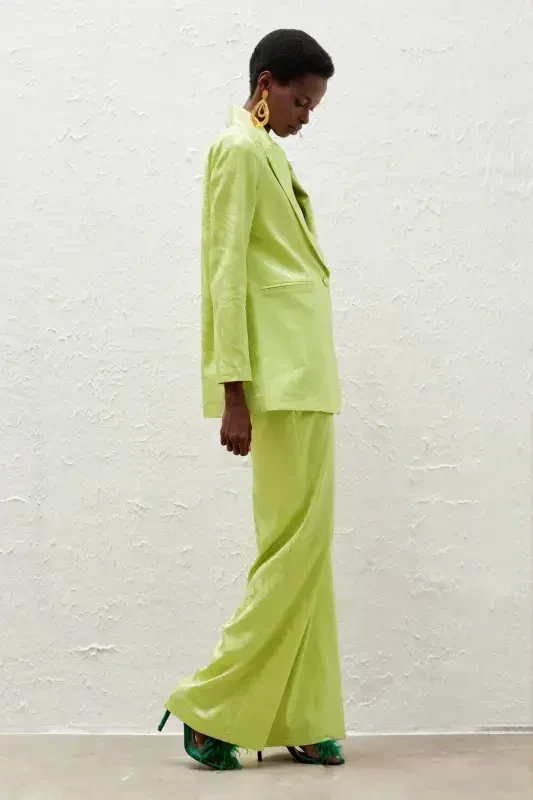 Loose Fit Satin Patterned Trousers - Olive Green - 2