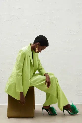 Loose Fit Satin Patterned Trousers - Olive Green - 3