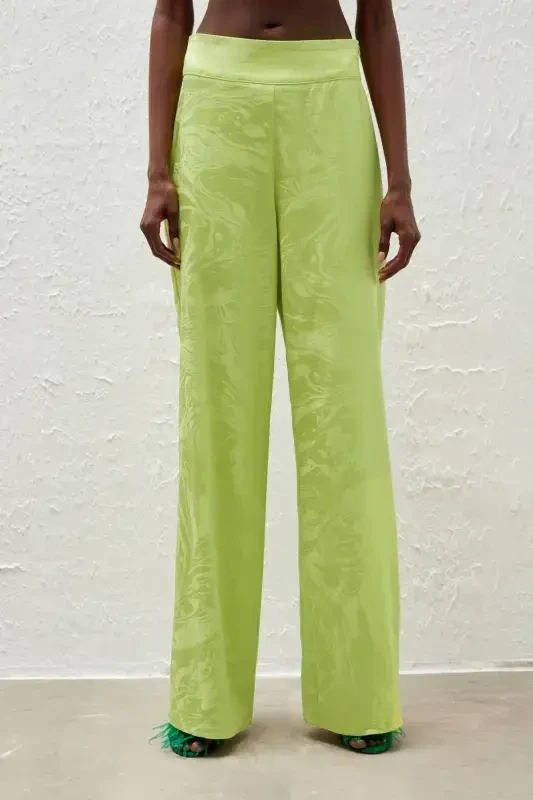 Loose Fit Satin Patterned Trousers - Olive Green - 4