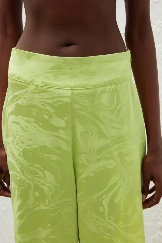 Loose Fit Satin Patterned Trousers - Olive Green - 5