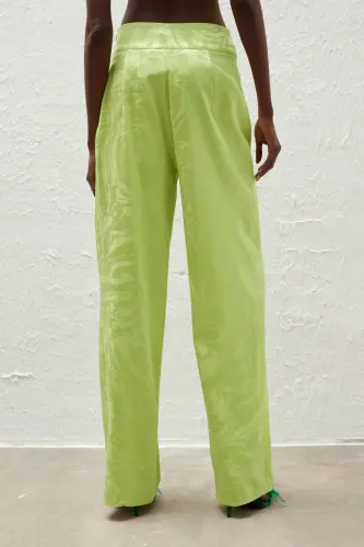Loose Fit Satin Patterned Trousers - Olive Green - 6