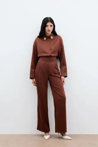Loose Fit Satin Trousers with Pockets - Brown - BROWN - 1