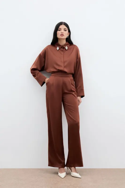 Loose Fit Satin Trousers with Pockets - Brown - BROWN - 3