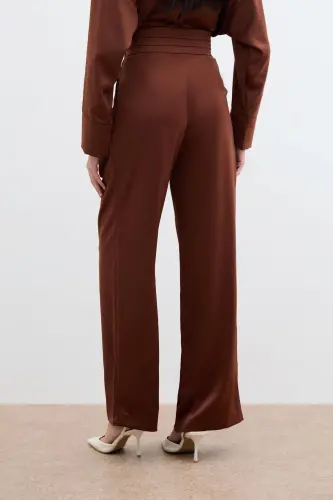 Loose Fit Satin Trousers with Pockets - Brown - BROWN - 7