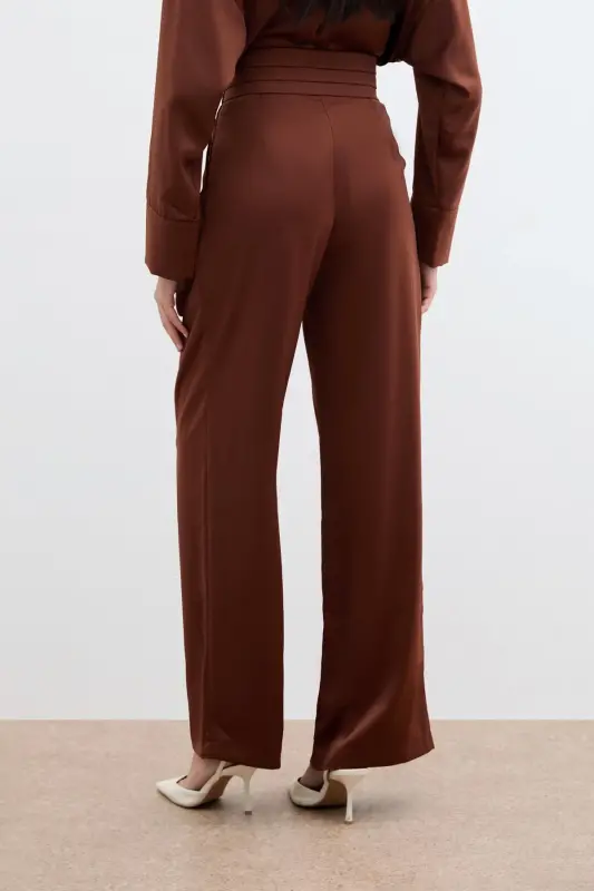 Loose Fit Satin Trousers with Pockets - Brown - BROWN - 7