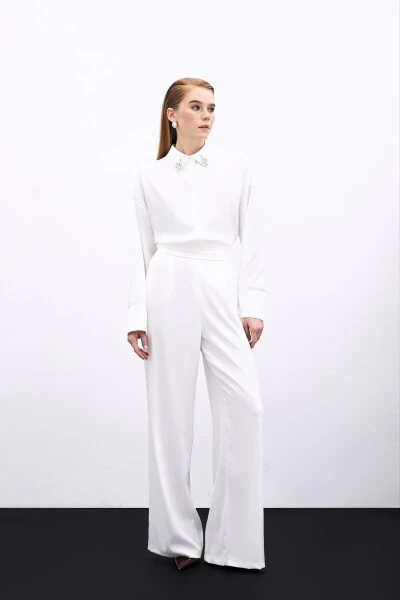 Loose Fit Satin Trousers with Pockets - ECRU - SATEEN