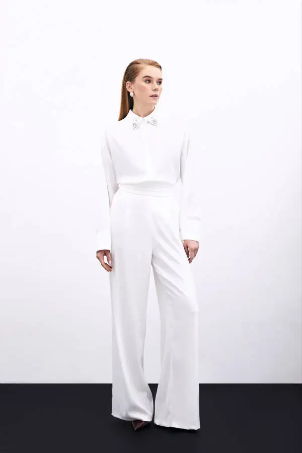 Loose Fit Satin Trousers with Pockets - ECRU - 1