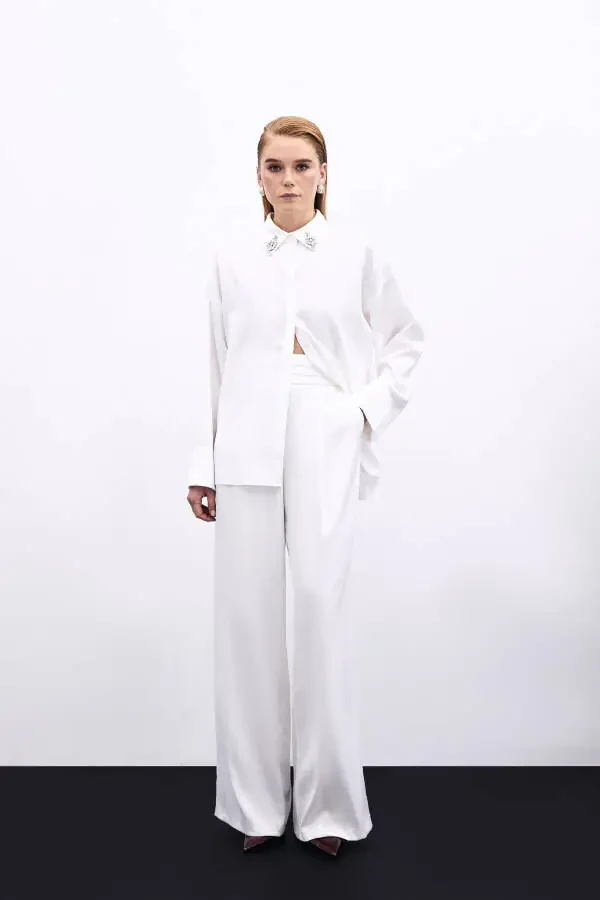 Loose Fit Satin Trousers with Pockets - ECRU - 2