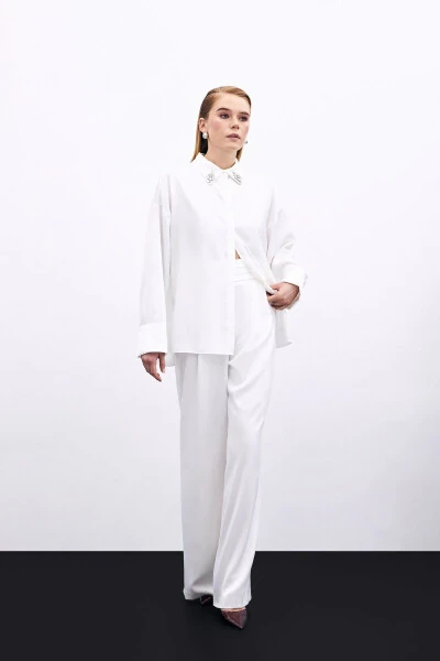 Loose Fit Satin Trousers with Pockets - ECRU - 3