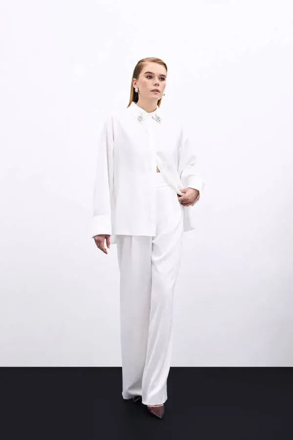 Loose Fit Satin Trousers with Pockets - ECRU - 3