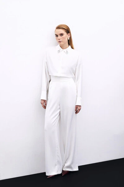 Loose Fit Satin Trousers with Pockets - ECRU - 4