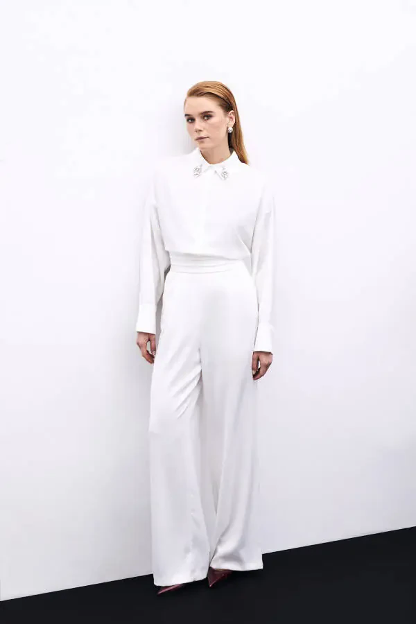 Loose Fit Satin Trousers with Pockets - ECRU - 4