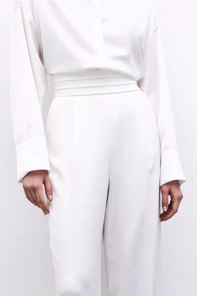 Loose Fit Satin Trousers with Pockets - ECRU - 5