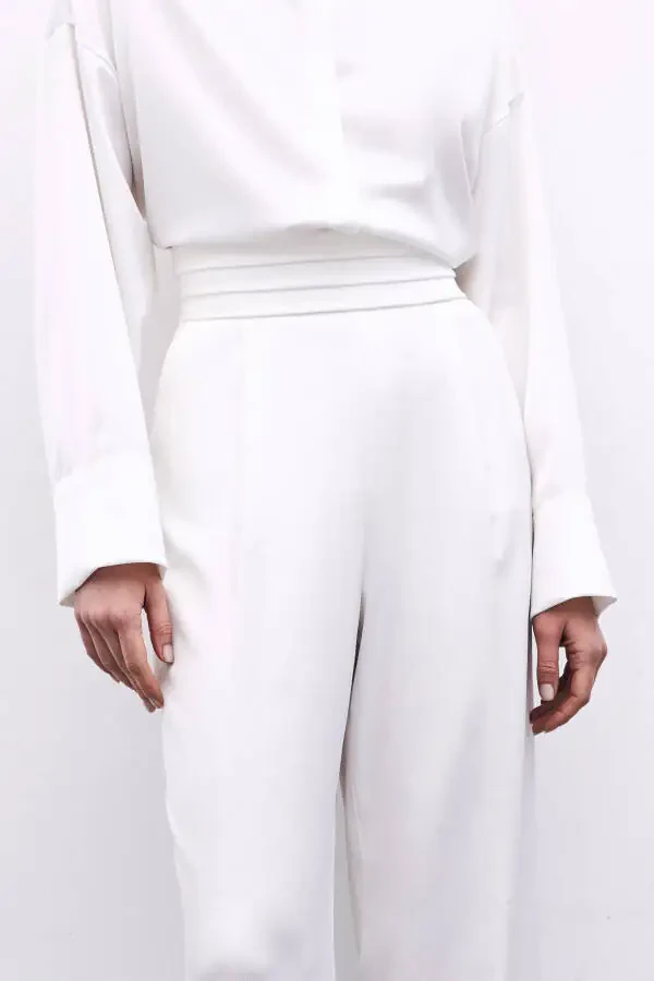 Loose Fit Satin Trousers with Pockets - ECRU - 5