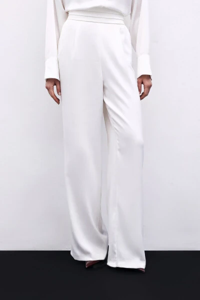 Loose Fit Satin Trousers with Pockets - ECRU - 6