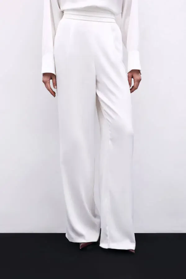 Loose Fit Satin Trousers with Pockets - ECRU - 6