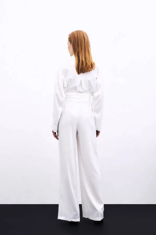 Loose Fit Satin Trousers with Pockets - ECRU - 7
