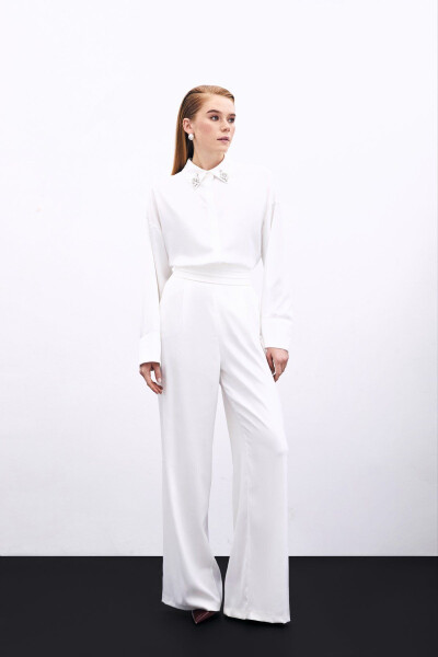 Loose Fit Satin Trousers with Pockets - ECRU - SATEEN