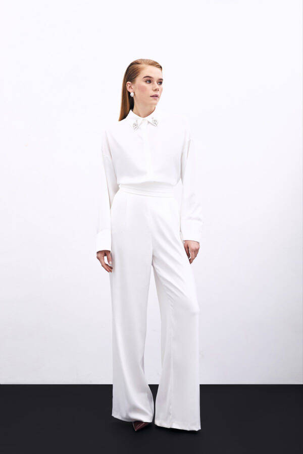 Loose Fit Satin Trousers with Pockets - ECRU - 1