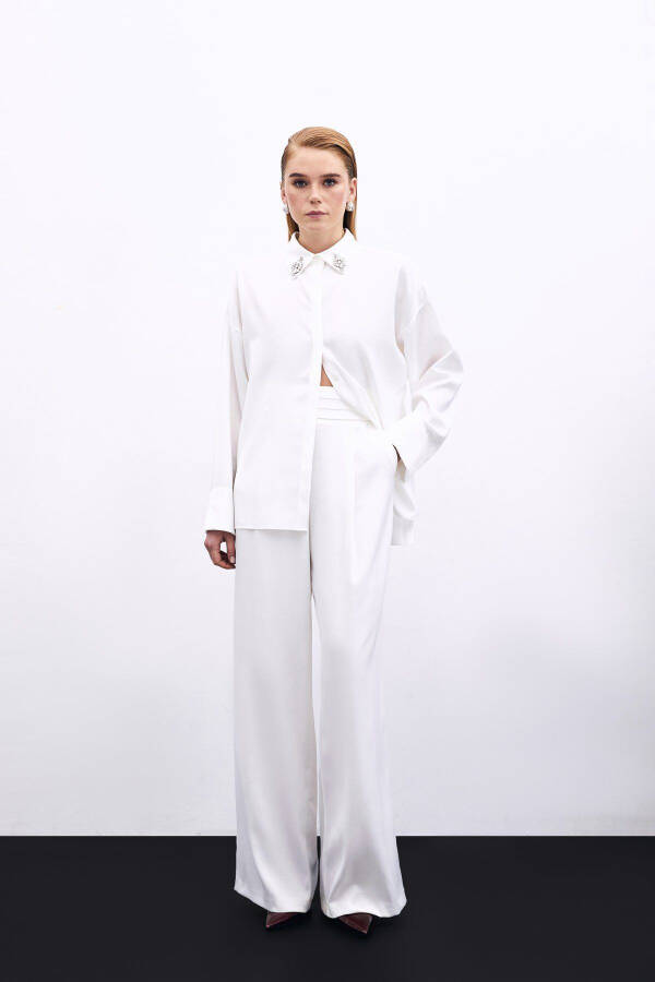 Loose Fit Satin Trousers with Pockets - ECRU - 2