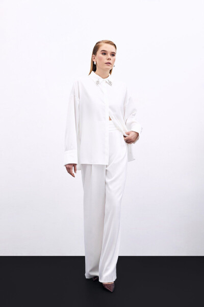 Loose Fit Satin Trousers with Pockets - ECRU - 3