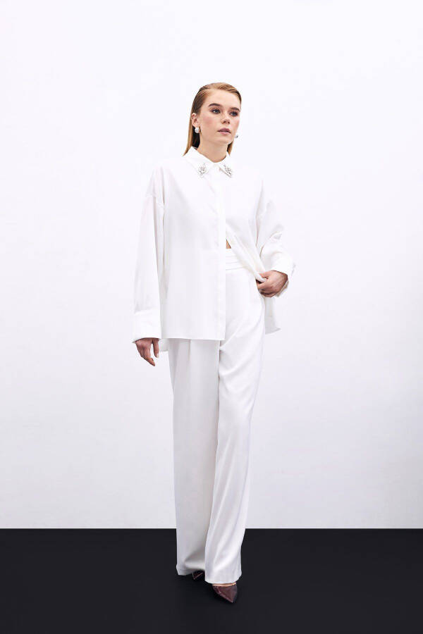Loose Fit Satin Trousers with Pockets - ECRU - 3