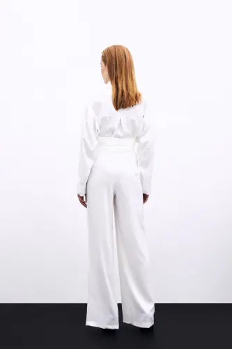 Loose Fit Satin Trousers with Pockets - ECRU - SATEEN (1)