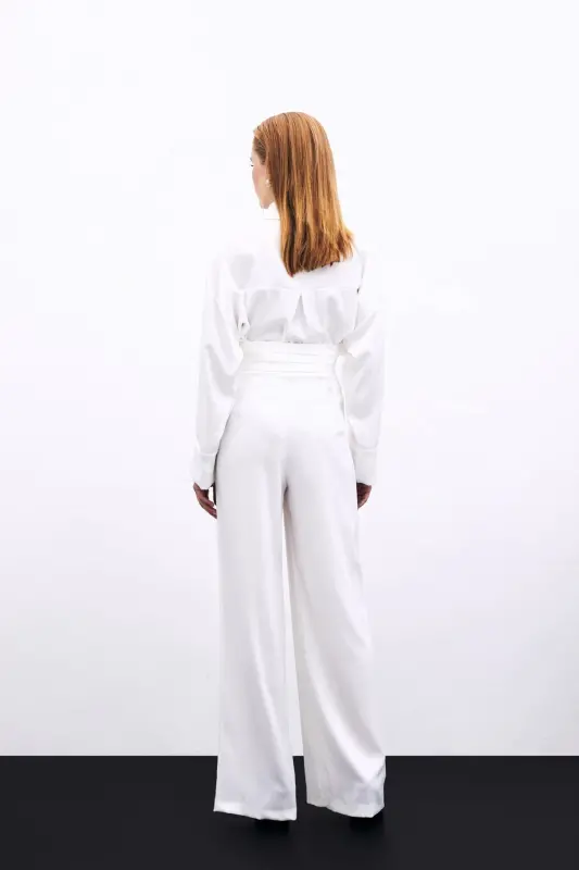 Loose Fit Satin Trousers with Pockets - ECRU - 2