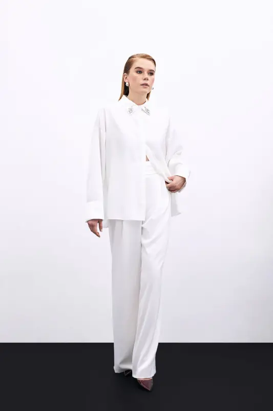 Loose Fit Satin Trousers with Pockets - ECRU - 5
