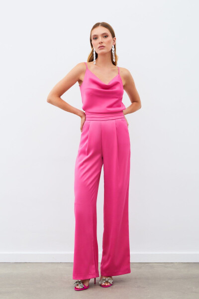 Loose Fit Satin Trousers with Pockets - FUCHSIA - 1