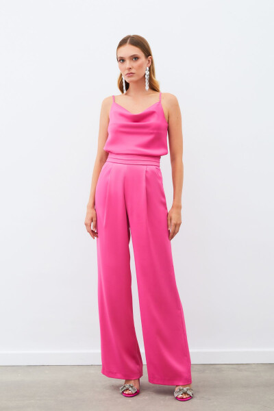 Loose Fit Satin Trousers with Pockets - FUCHSIA - 2