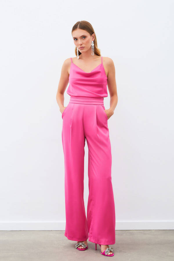 Loose Fit Satin Trousers with Pockets - FUCHSIA - 3