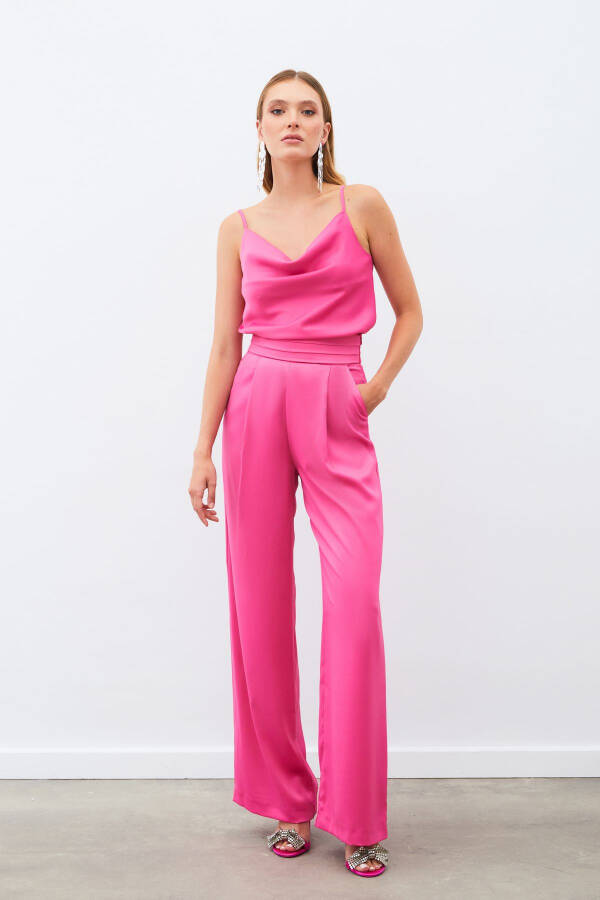 Loose Fit Satin Trousers with Pockets - FUCHSIA - 4