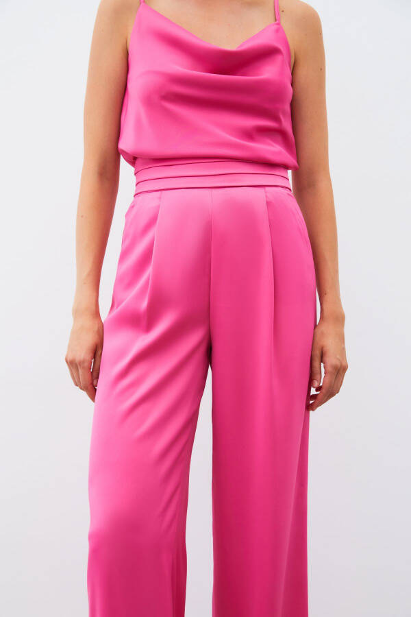 Loose Fit Satin Trousers with Pockets - FUCHSIA - 5